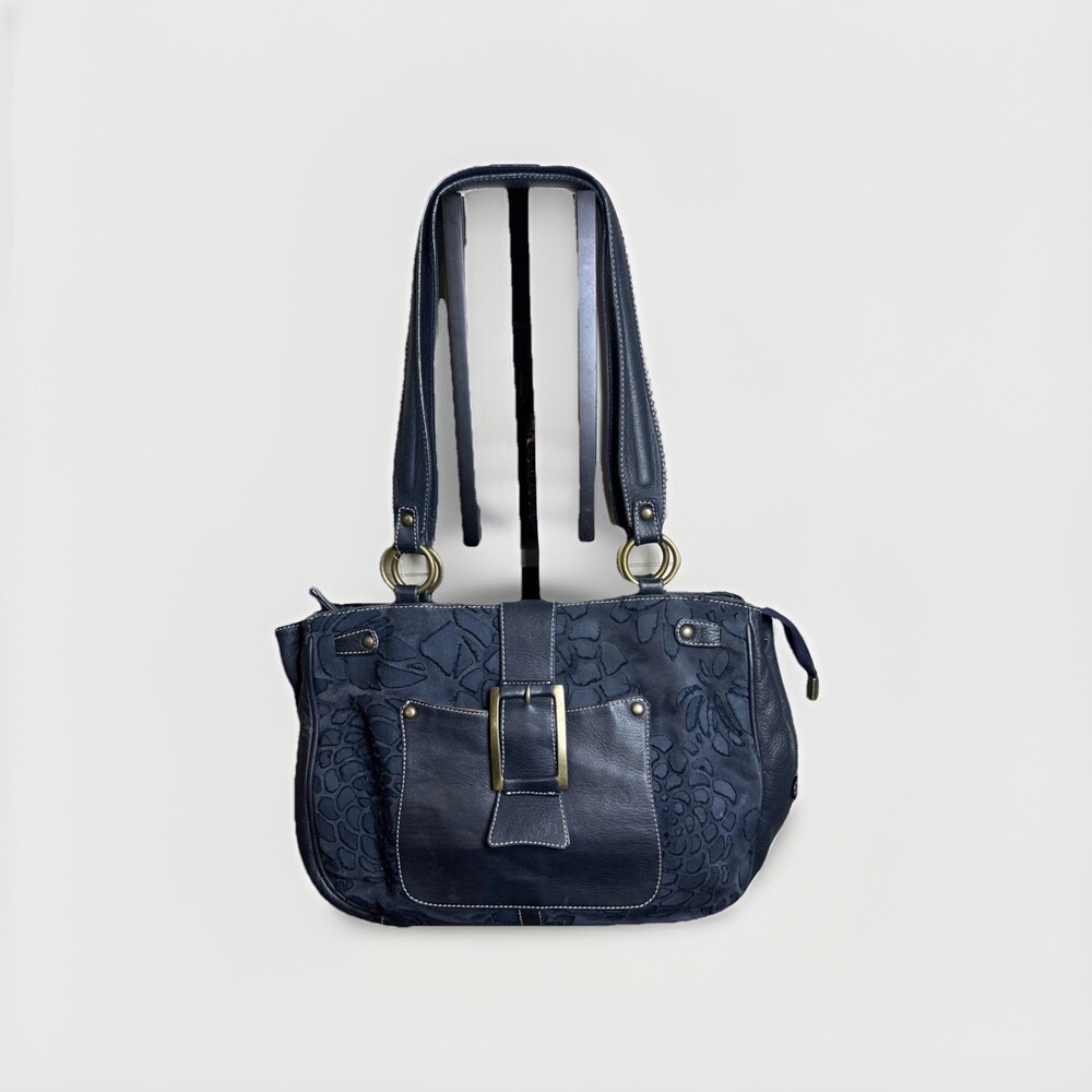Puntotres Genuine Leather Navy Blue Front Floral Design HandBag Satchel Shoulder